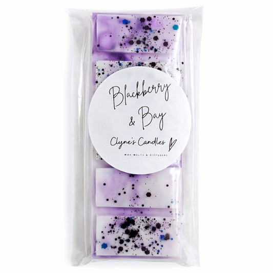 Handmade Blackberry and Bay scented wax melt bar by Clyne’s Candles, a fresh fruity wax melt handmade in the UK