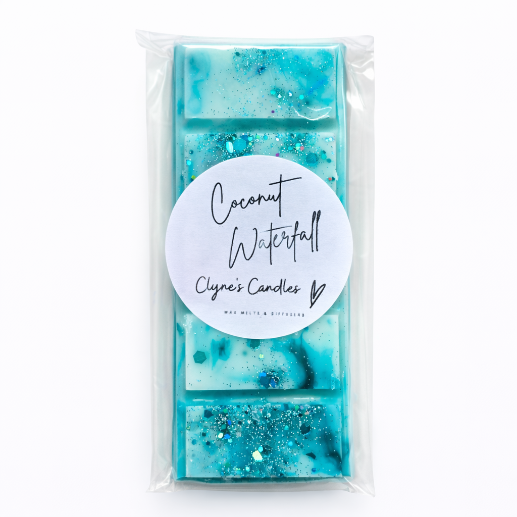 Handmade Coconut Waterfall wax melt bar by Clyne’s Candles, featuring blue and turquoise wax with glitter, fresh coconut and watery spa-inspired fragrance, UK handmade soy wax melt.