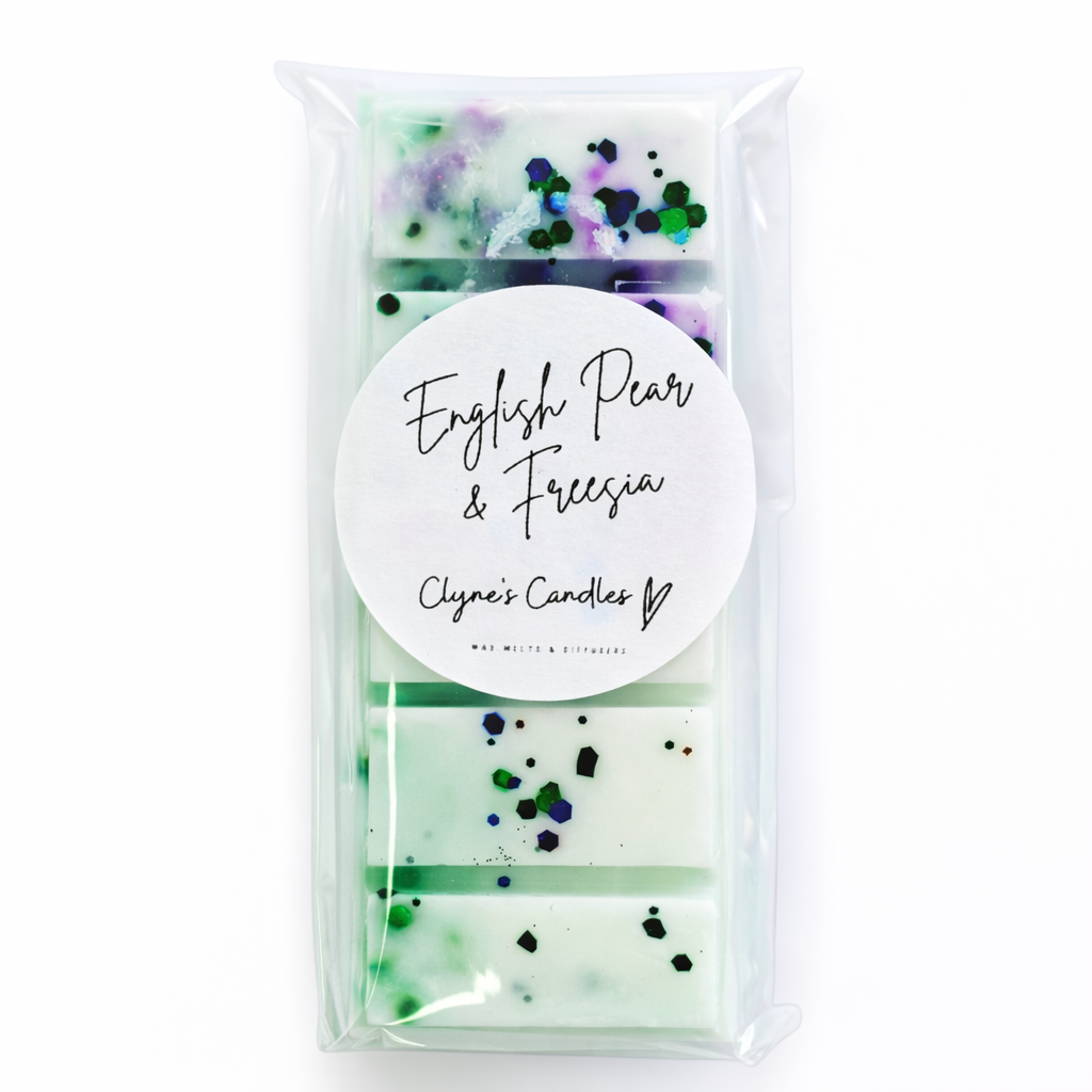Handmade English Pear and Freesia scented wax melt bar by Clyne’s Candles, a fresh floral wax melt made in the UK