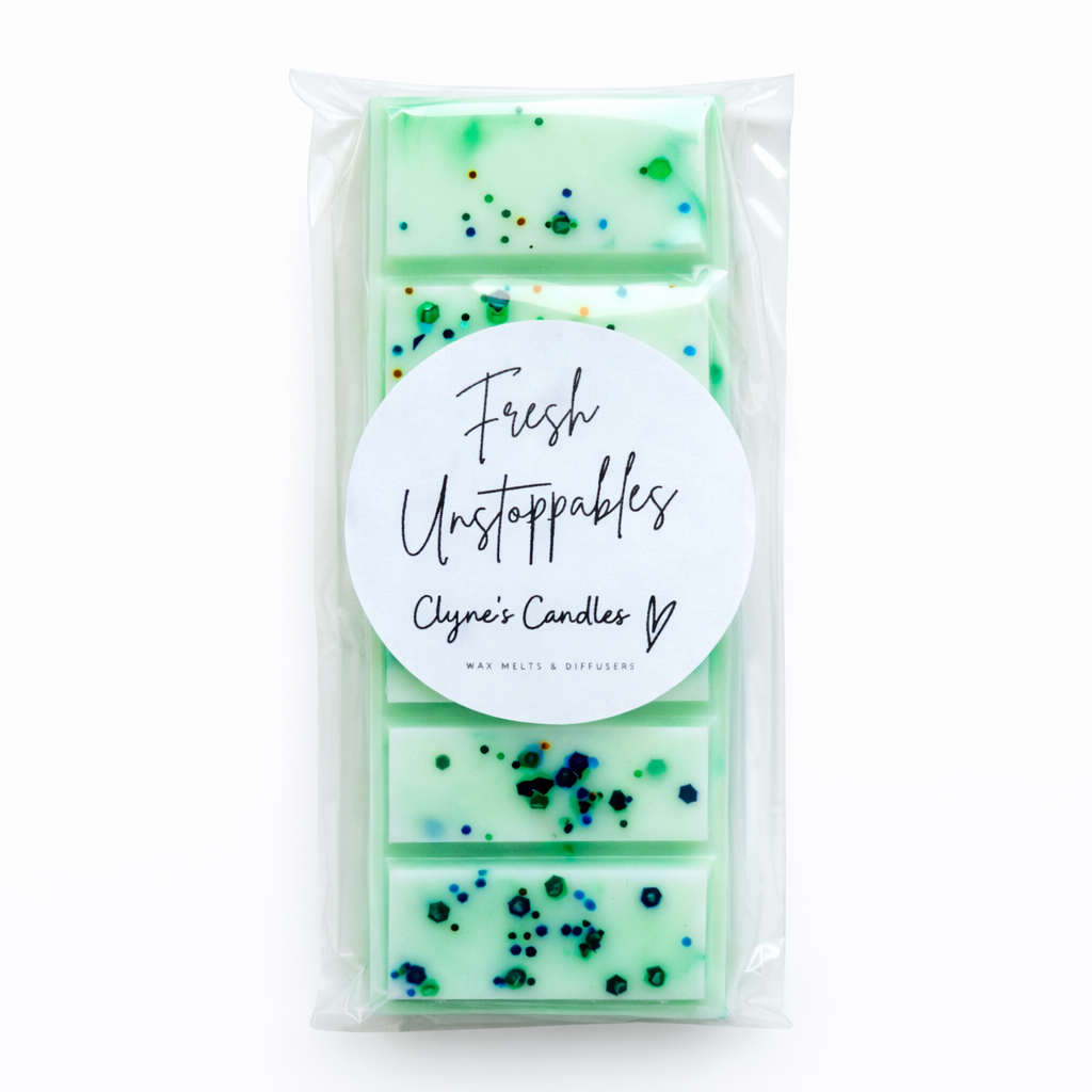 Handmade Fresh Unstoppables scented wax melt bar by Clyne’s Candles, a clean laundry-style wax melt for fresh homes