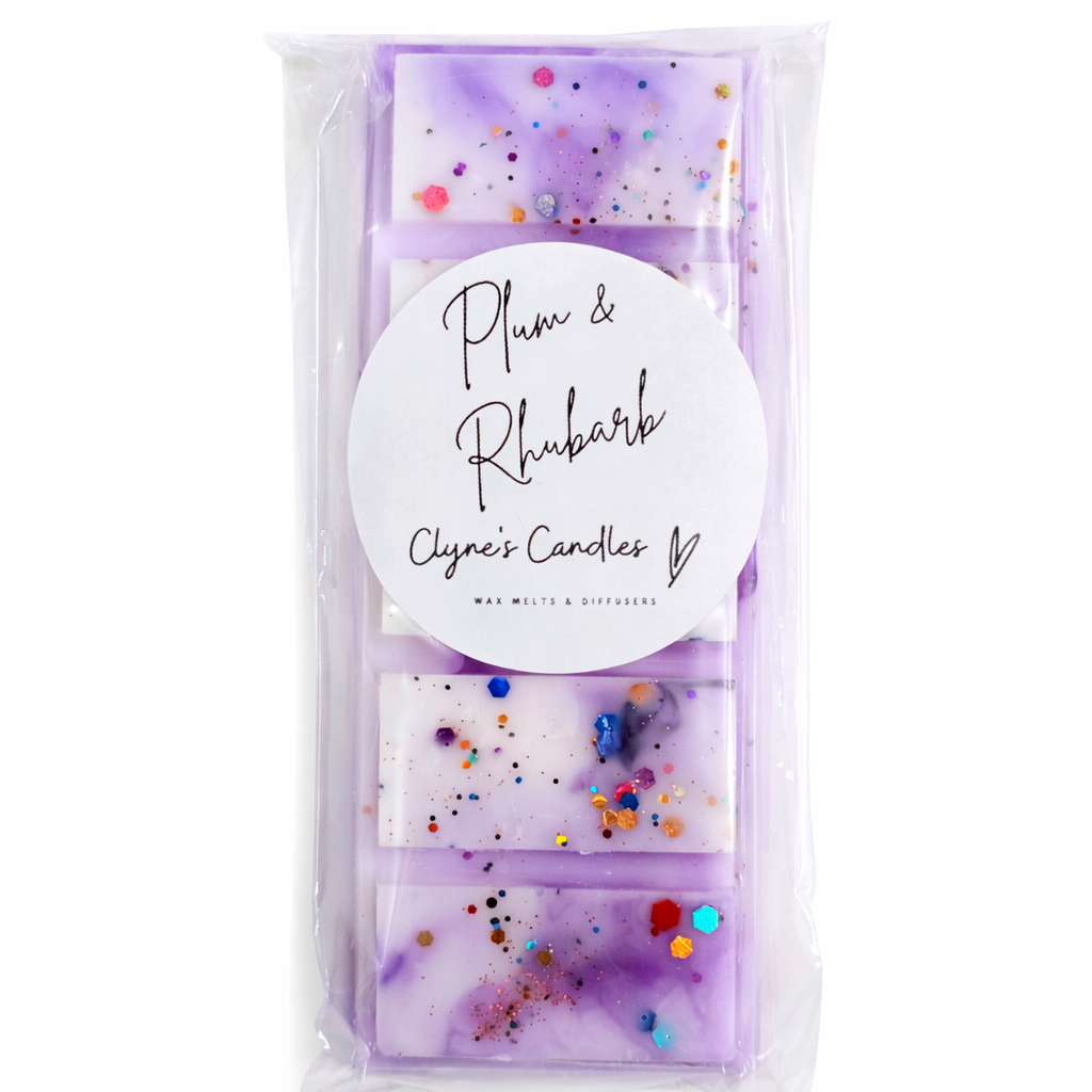 Handmade Plum and Rhubarb scented wax melt bar by Clyne’s Candles, a fruity luxury wax melt for home fragrance lovers