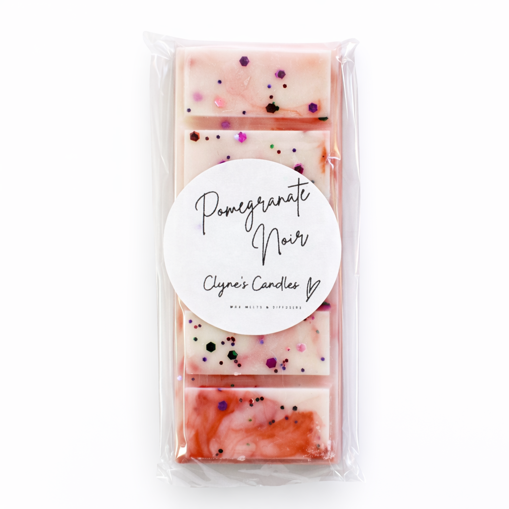 Handmade Pomegranate Noir scented wax melt bar by Clyne’s Candles, a rich fruity wax melt for luxury home fragrance