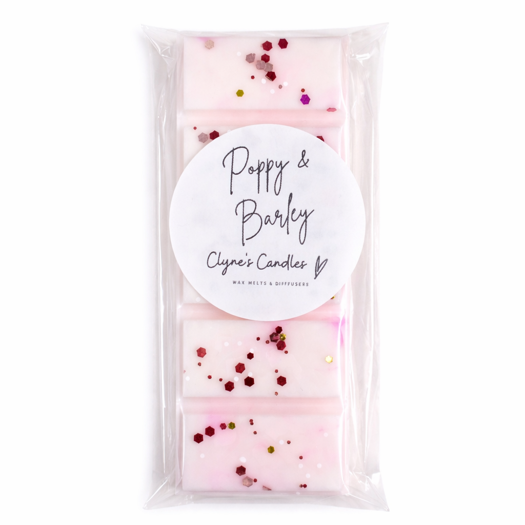 Handmade Poppy and Barley scented wax melt bar by Clyne’s Candles, a soft floral wax melt inspired fragrance made in the UK