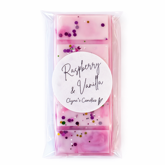 Handmade Raspberry and Vanilla scented wax melt bar by Clyne’s Candles, a sweet creamy wax melt handmade in the UK