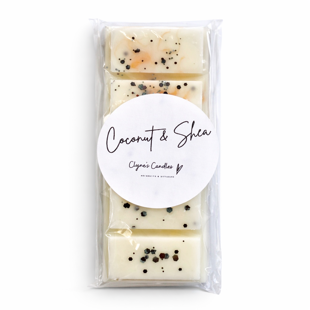 Handmade Coconut and Shea wax melt bar by Clyne’s Candles with creamy white wax, cosy clean fragrance, and minimalist luxury home scent styling on a white background.
