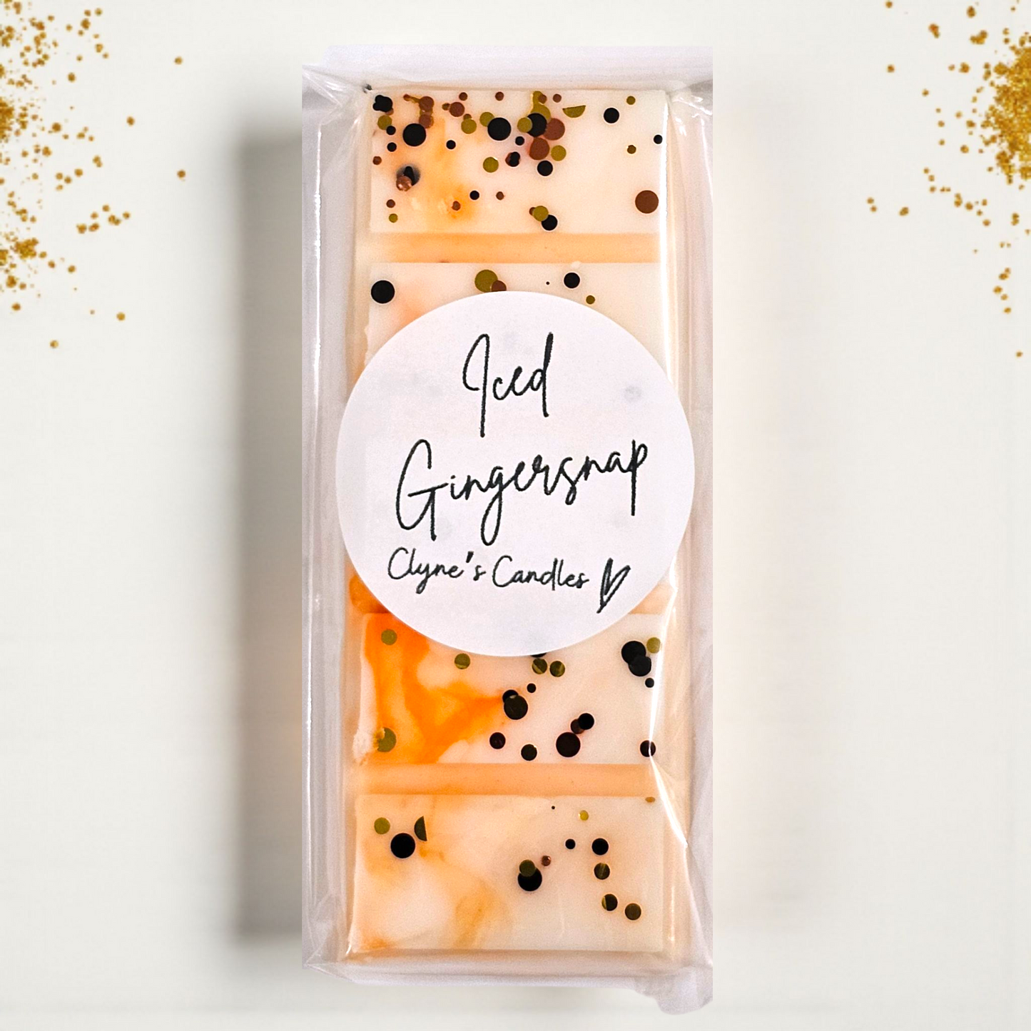 Iced Gingersnap wax melt bar by Clyne’s Candles with ginger, cinnamon, clove and almond scent.