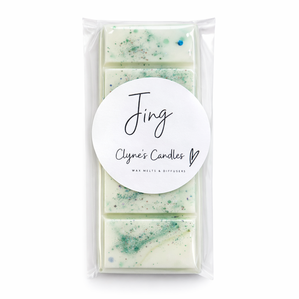 Handmade Jing inspired wax melt bar by Clyne’s Candles with soft green tones, clean spa fragrance, and luxury home scent styling on a white background.