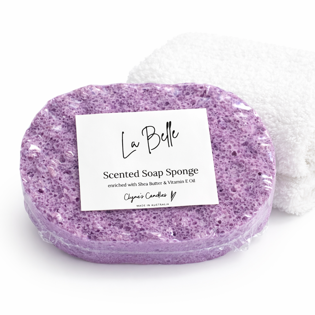 Sulfate-free La Belle scented soap sponge handmade by Clyne’s Candles, enriched with shea butter and vitamin E for gentle cleansing.