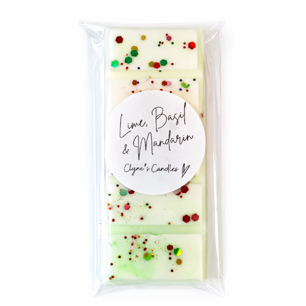 Handmade Lime Basil and Mandarin wax melt by Clyne’s Candles, a fresh citrus and herbal fragrance inspired by Jo Malone