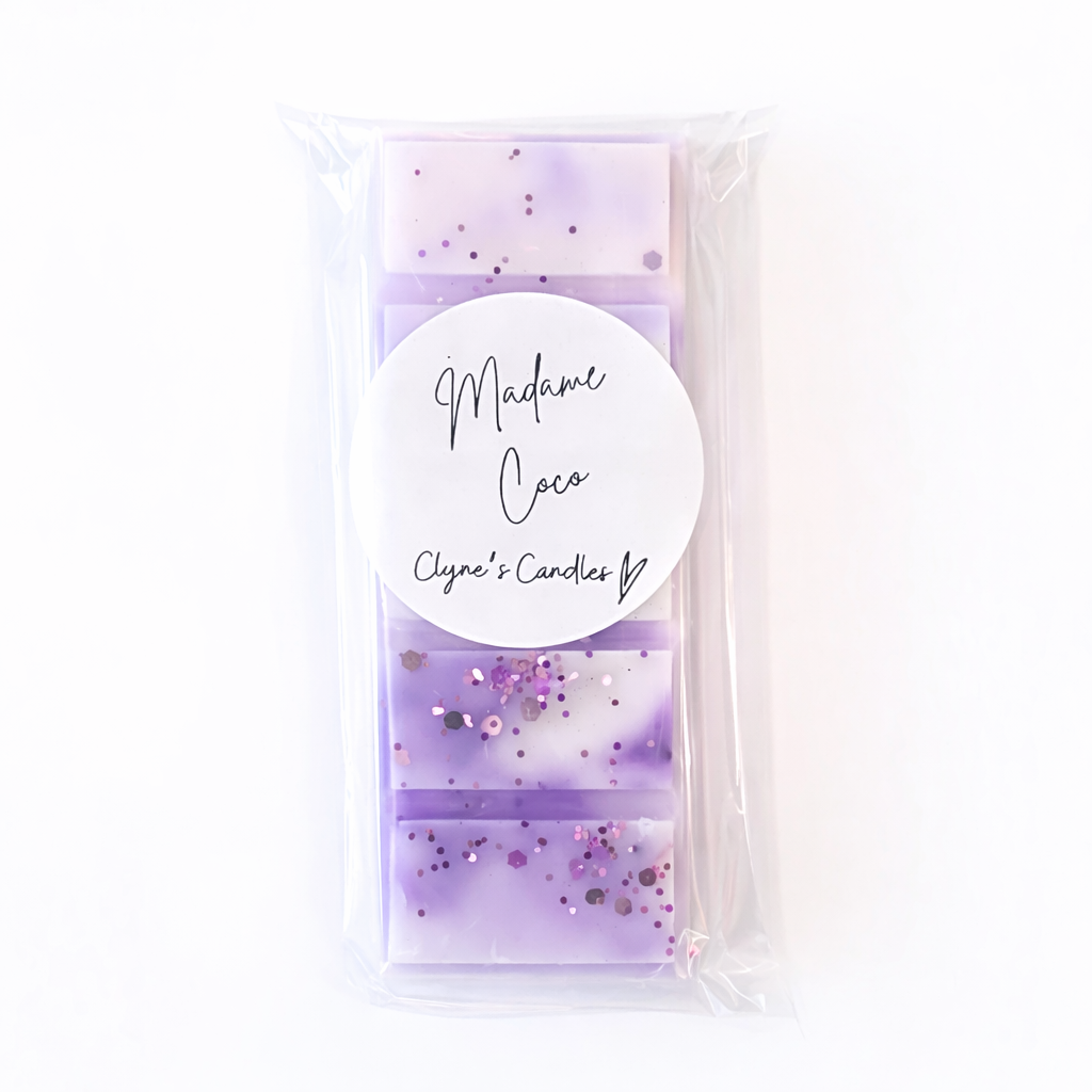 Madame Coco inspired wax melt handmade by Clyne’s Candles with a soft, elegant luxury perfume fragrance