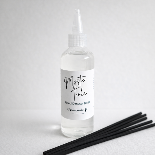 Myrrh & Tonka inspired handmade reed diffuser refill with rich amber and floral notes, made in the UK