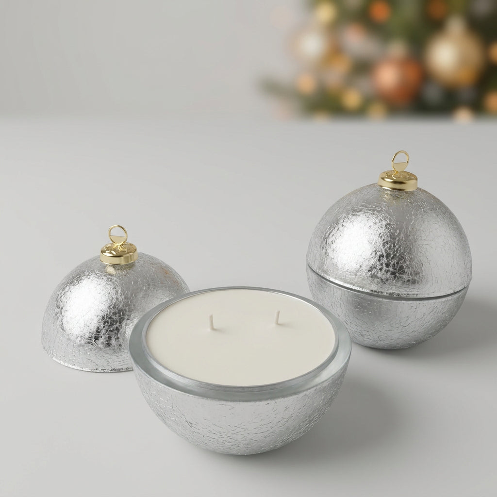 A silver metallic spherical candle jar with a white wax fill sits on a dark marble countertop, alongside two matching silver dome-shaped lids with gold-toned caps, with a wall outlet visible in the background.