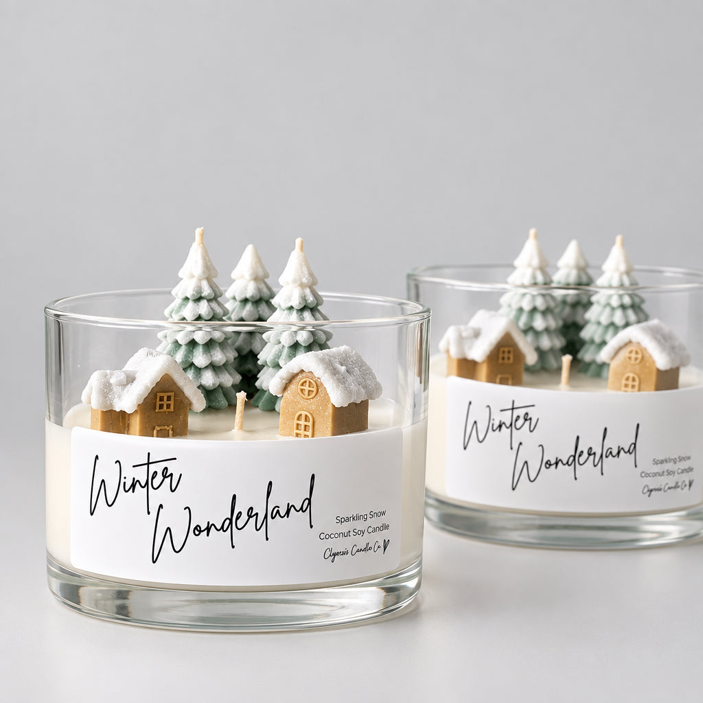Two clear glass jar candles labeled 'Winter Wonderland' sit on a white surface against a white wall. Each candle contains miniature snow-covered houses and evergreen trees inside the jar.