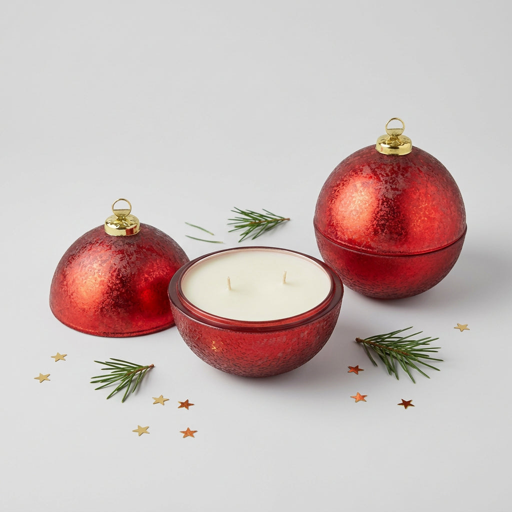 Three red ornament-shaped candles with gold caps and lids, arranged on a light gray background with pine branches and small gold star confetti.