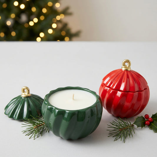 Three Christmas ornament-shaped ceramic candle holders in green, red, and dark green, displayed on a dark marble countertop with a UK wall switch in the background.
