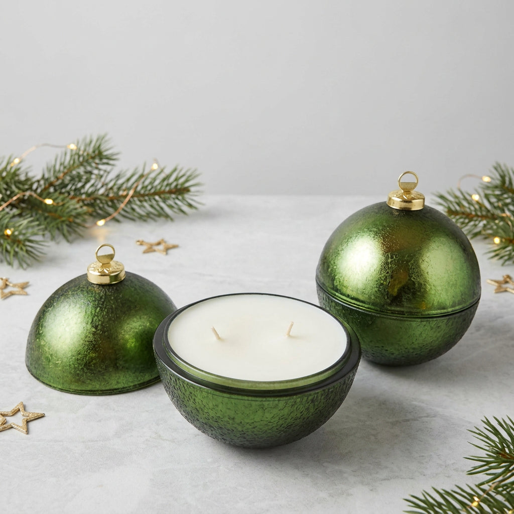 A green metallic Christmas ornament-shaped candle set on a dark marble countertop, with one ornament open to reveal a white wax insert and another closed behind it. A white wall outlet is visible in the background.