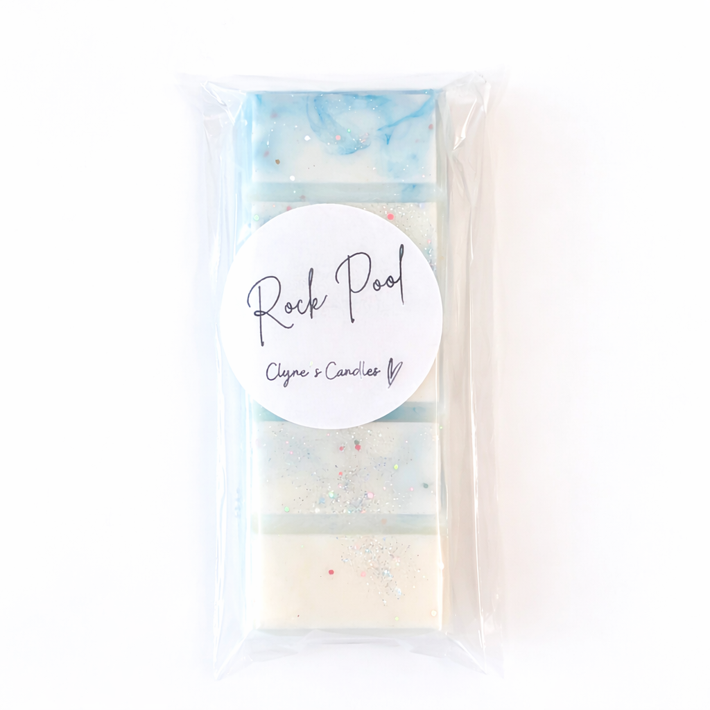 Handmade Rock Pool wax melt bar by Clyne’s Candles, featuring a fresh coastal scent inspired by sea air and ocean minerals