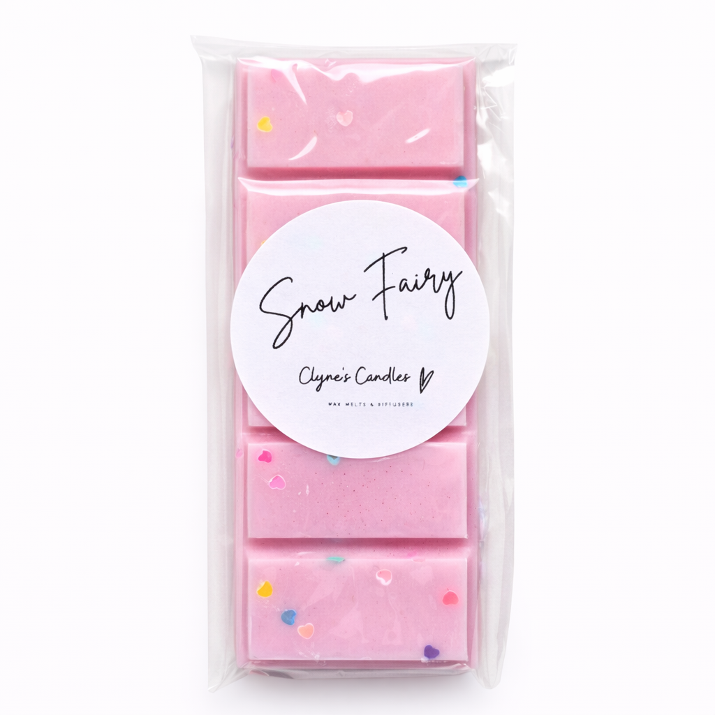 Snow Fairy wax melt bar by Clyne’s Candles, handmade pink soy wax melt with sweet candy fragrance, colourful heart embeds, UK handmade wax melts.