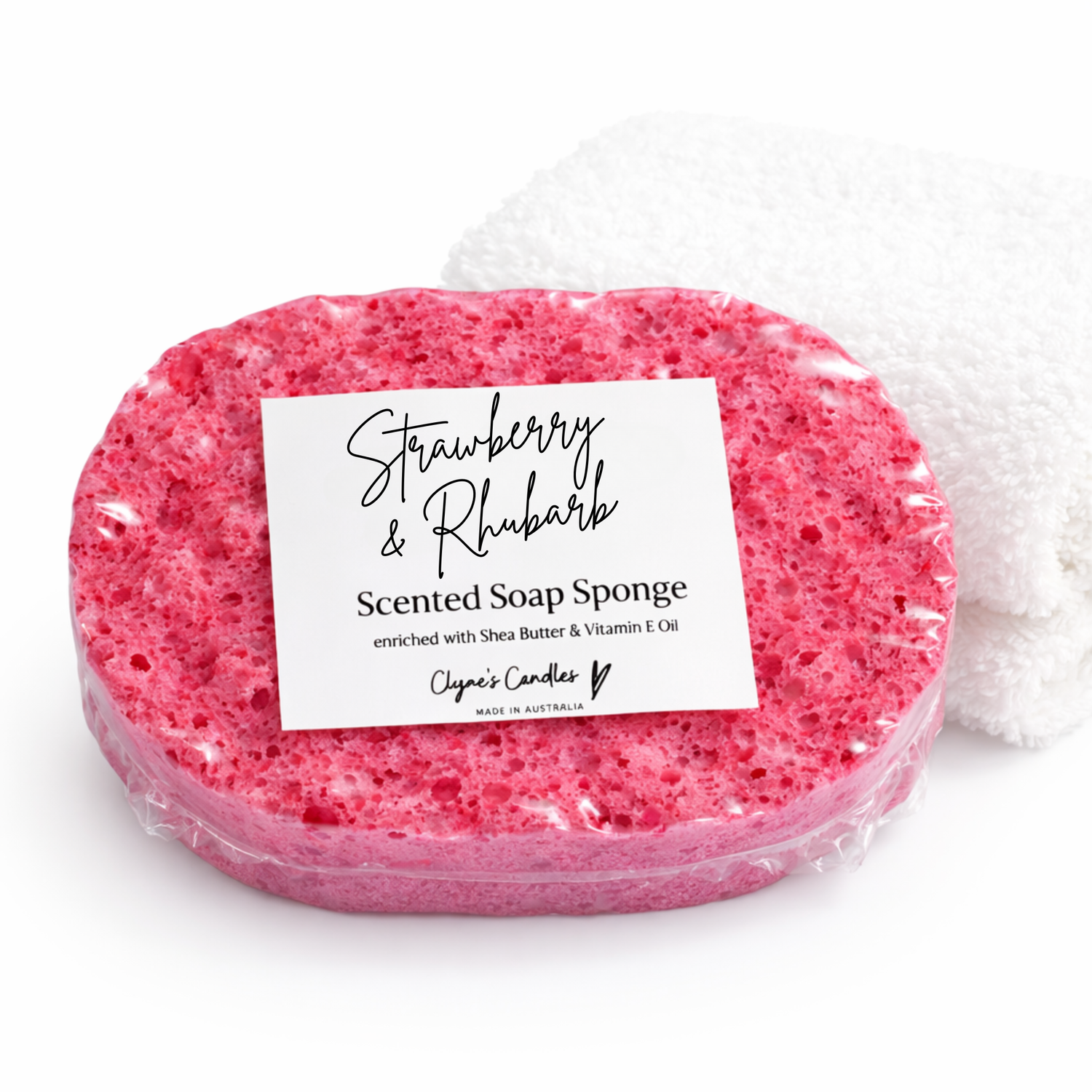 Sulfate-free Strawberry & Rhubarb scented soap sponge handmade by Clyne’s Candles, fruity, gentle and skin-loving.